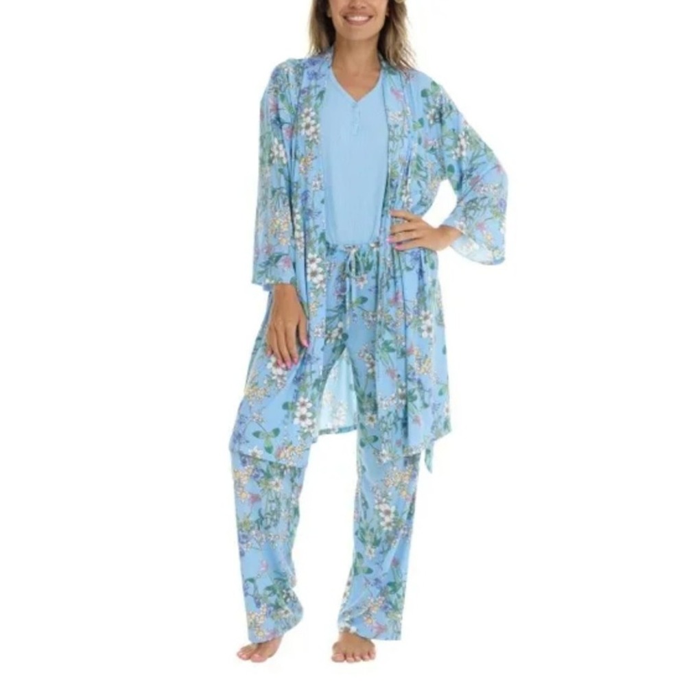 New Flora Nikrooz Women's 3-piece Pajama Robe Set Blue Floral Medium (8-10) - Picture 8 of 12